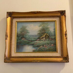 Vintage Oil Painting Cottage By A Pond